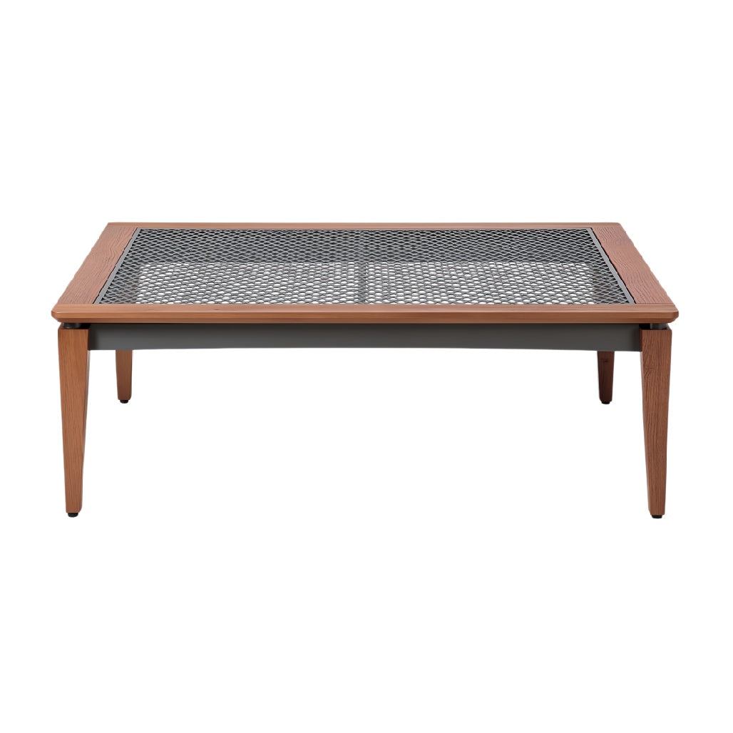 **Technische titel in het Nederlands:** **Moderne houten salontafel met geperforeerd metalen blad**