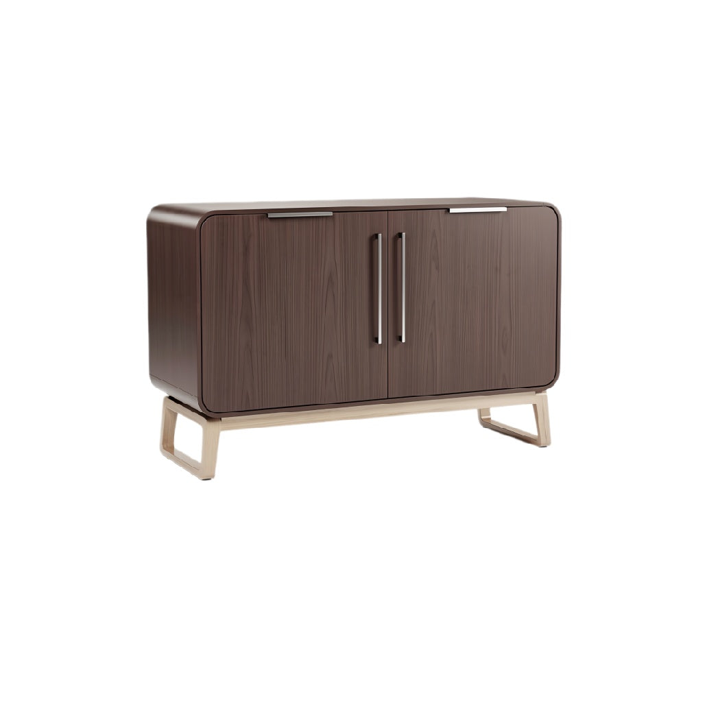 **Technische Titel in het Nederlands:** Moderne houten kast met metallic handgrepen en elegante poten
