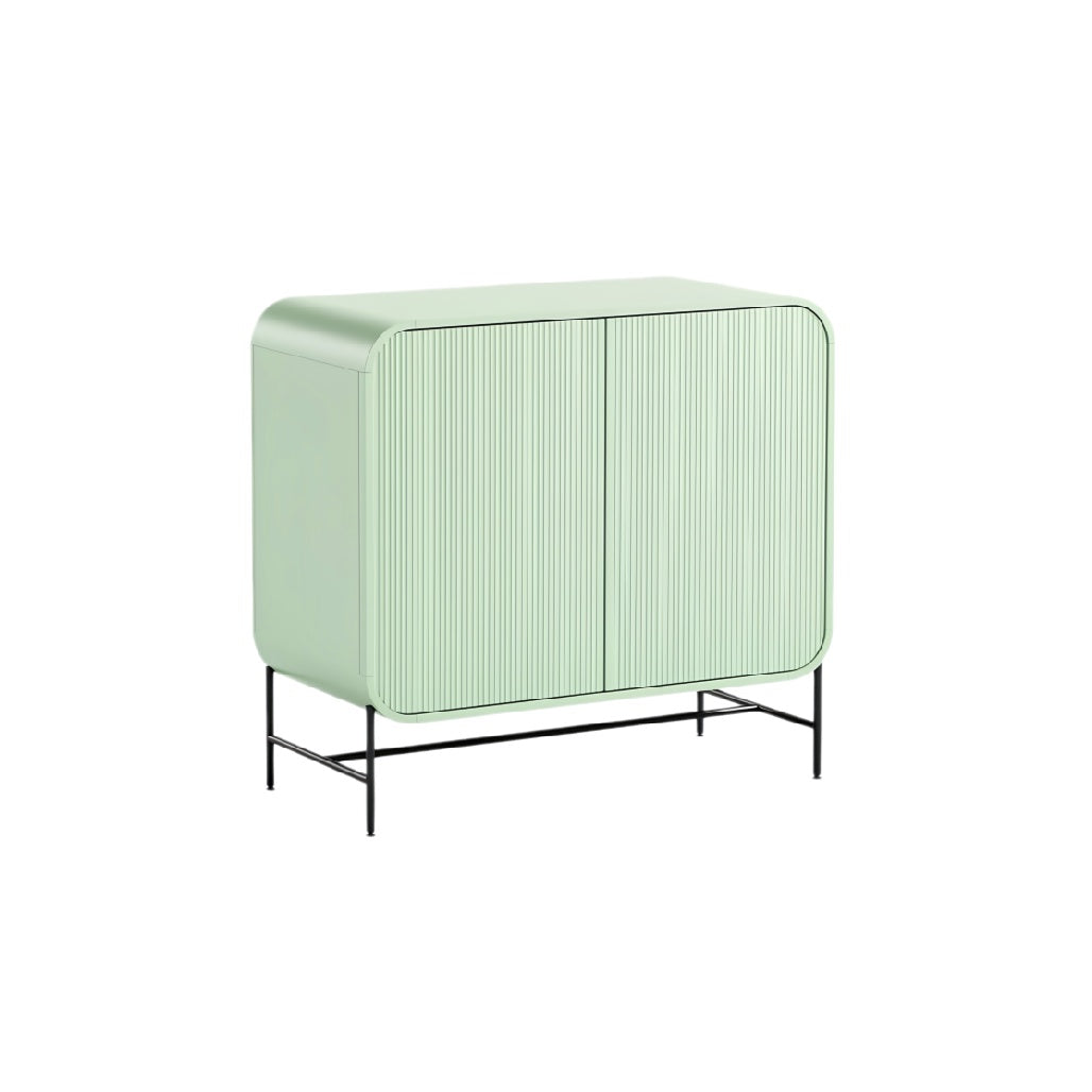 **Groene Opbergkast met Moderne Vormen en Stalen Frame**